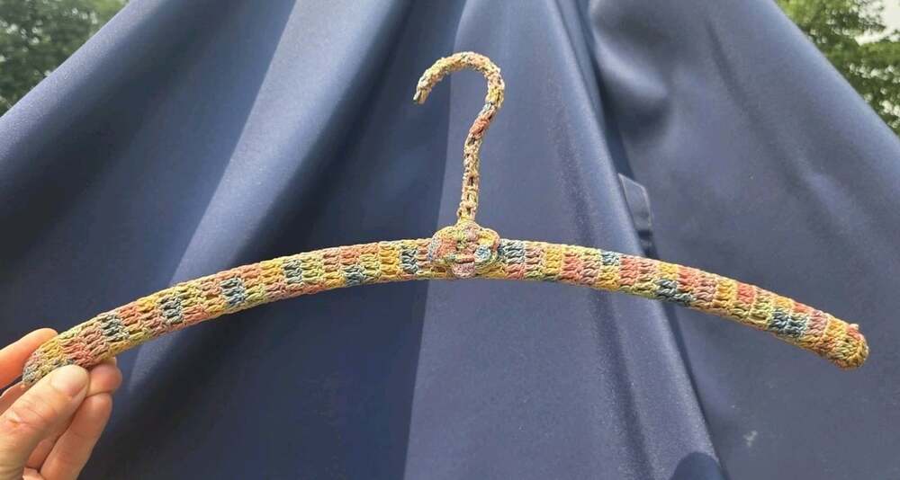 Vtg Crochet Covered Hanger Multicolored Pastel Yarn Handcrafted Wood Metal Hook - Picture 2 of 6